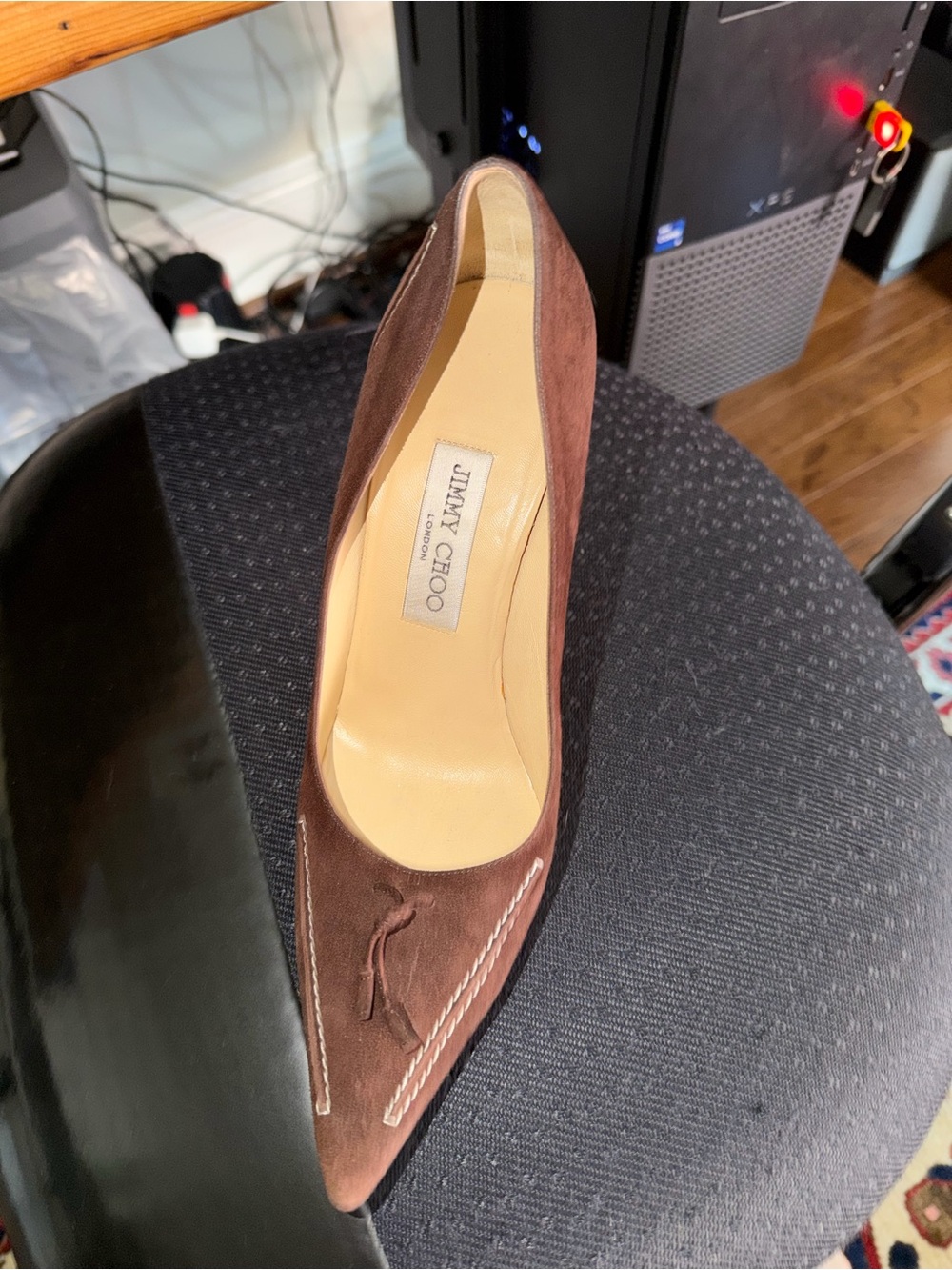 Jimmy Choo Brown Suede Pointed-Toe Pump with Stitch Detail